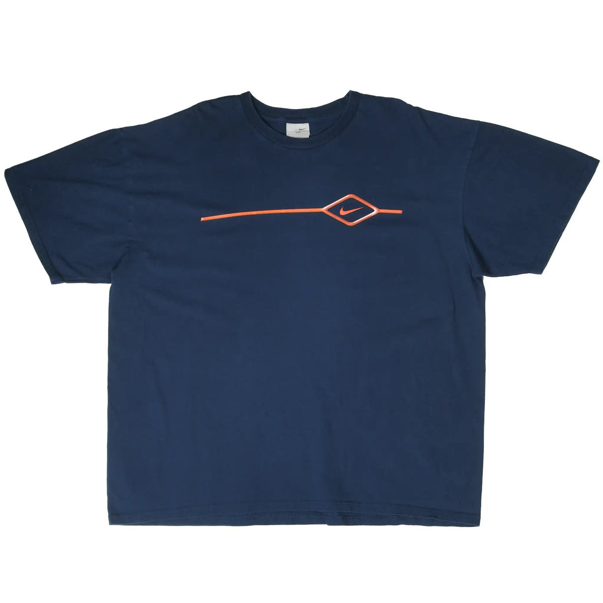 Full front view of navy blue Nike T-shirt with orange Swoosh diamond graphic