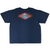 Back of navy blue Nike T-shirt with large orange and blue Nike graphic