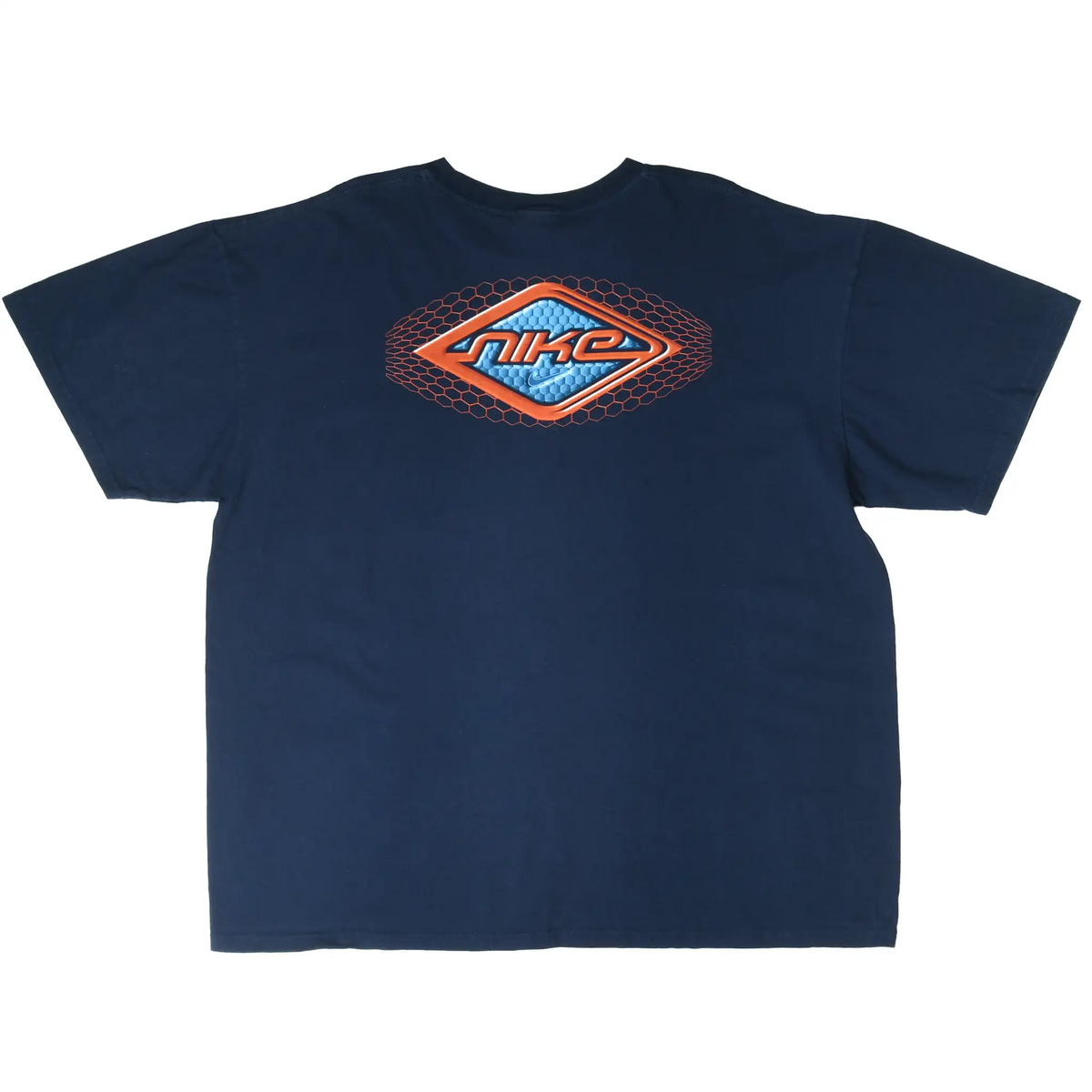Back of navy blue Nike T-shirt with large orange and blue Nike graphic