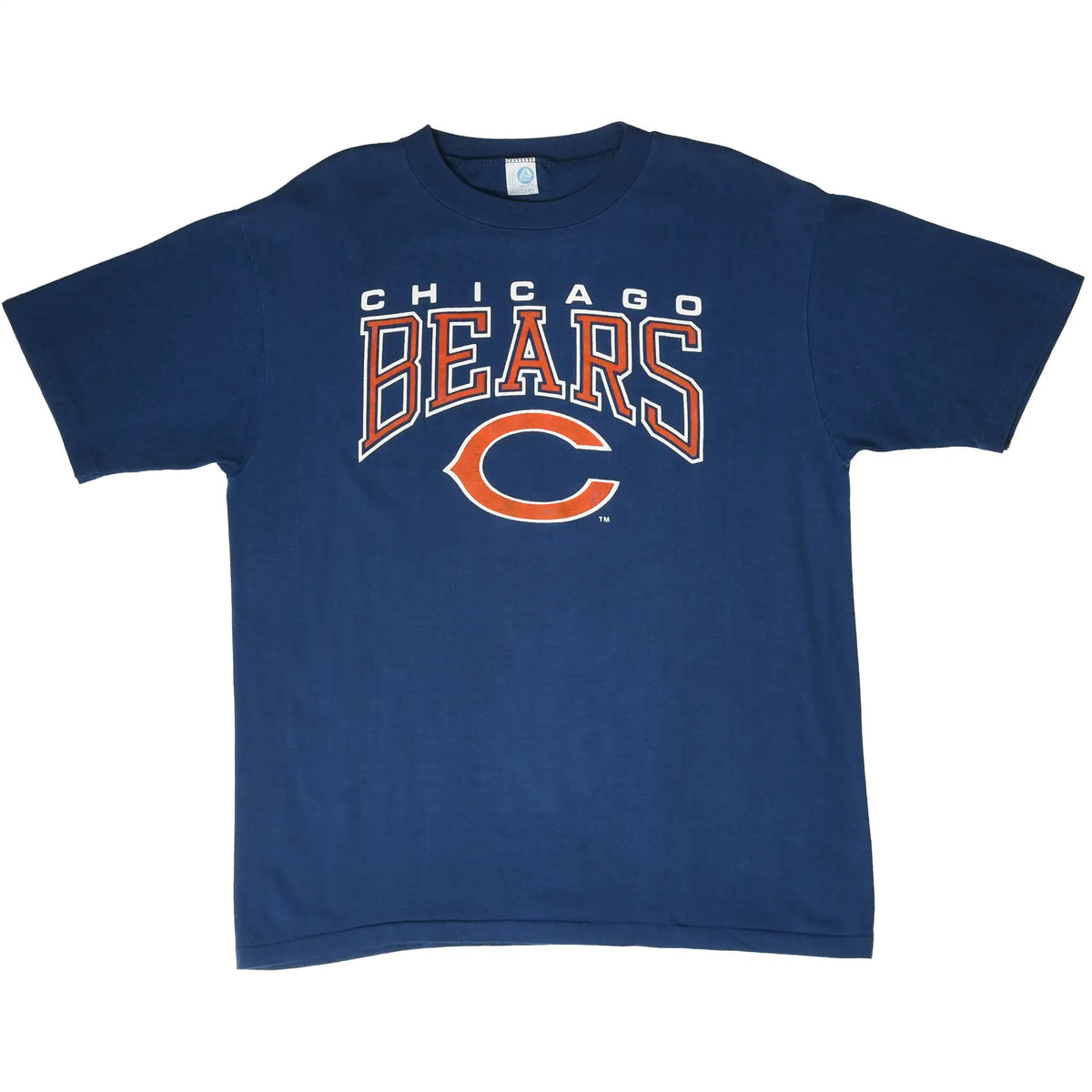 Full front of navy Chicago Bears short-sleeve T-shirt with orange and white logo print