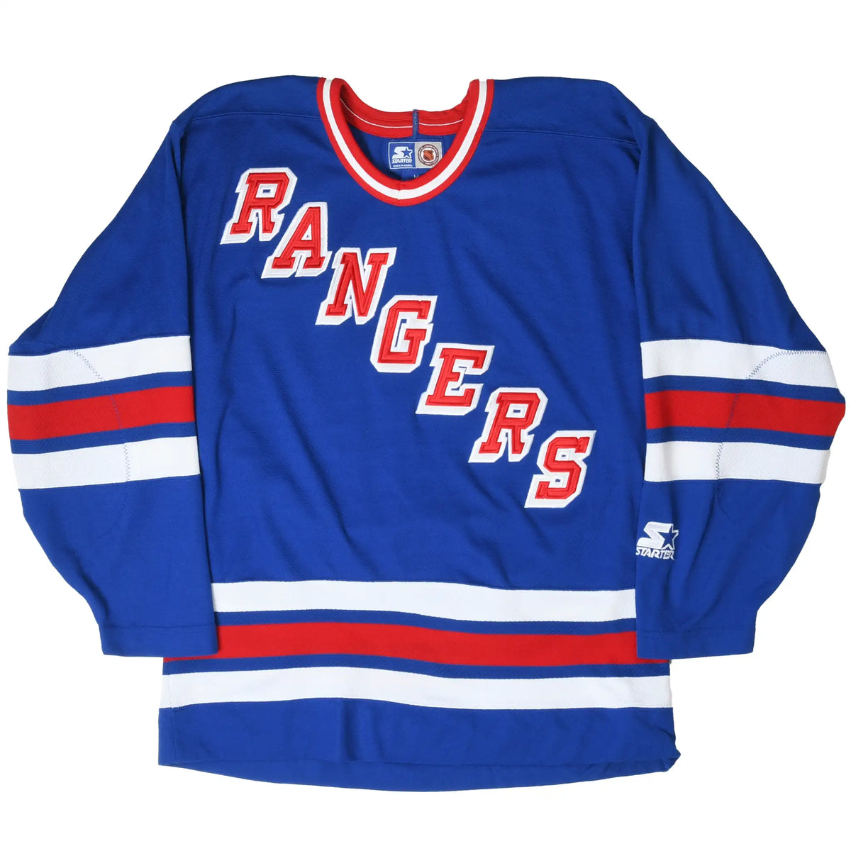 Full front of blue New York Rangers Starter jersey with diagonal team lettering