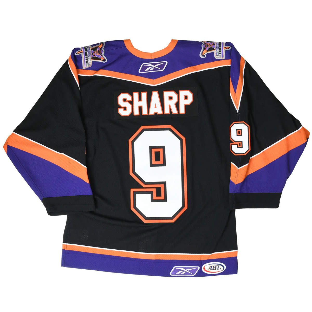 Back of black Philadelphia Phantoms jersey with Sharp name and large number 9