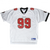Full front of white Buccaneers football jersey with red 99 and team logos on sleeves