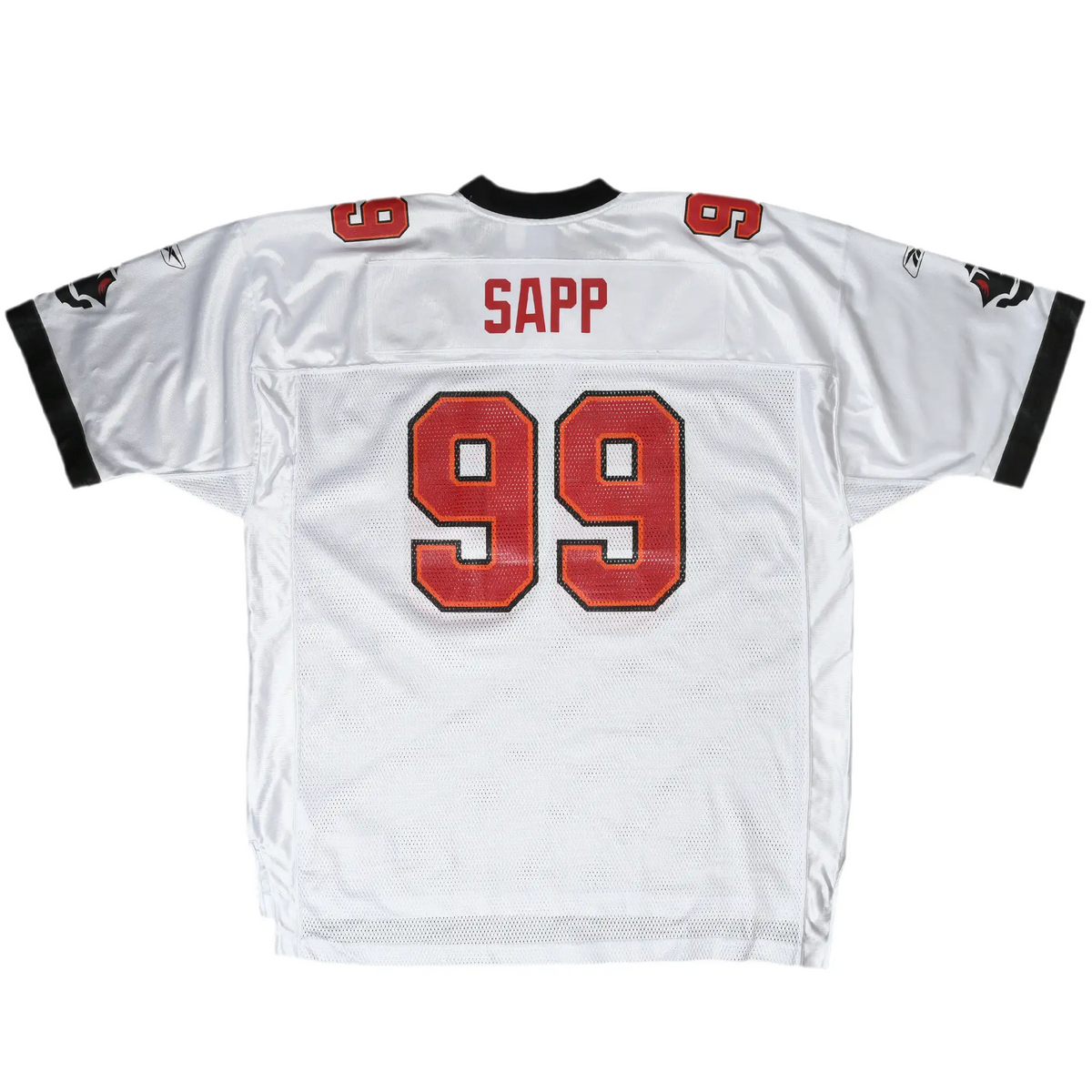 Back of white Tampa Bay Buccaneers jersey with Sapp name and red number 99