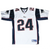 Front of white New England Patriots Reebok jersey with navy number 24 and team sleeve logos