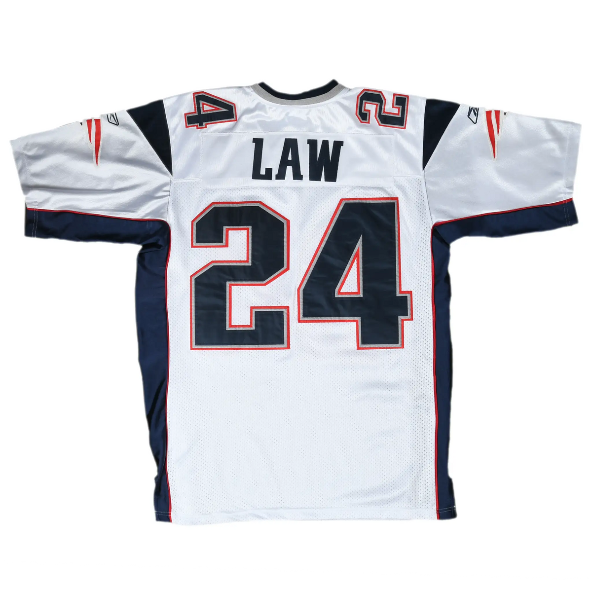 Back of white New England Patriots Reebok jersey with Law name and navy number 24