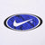 Close-up of white Nike Swoosh on a textured blue oval graphic with black and white border
