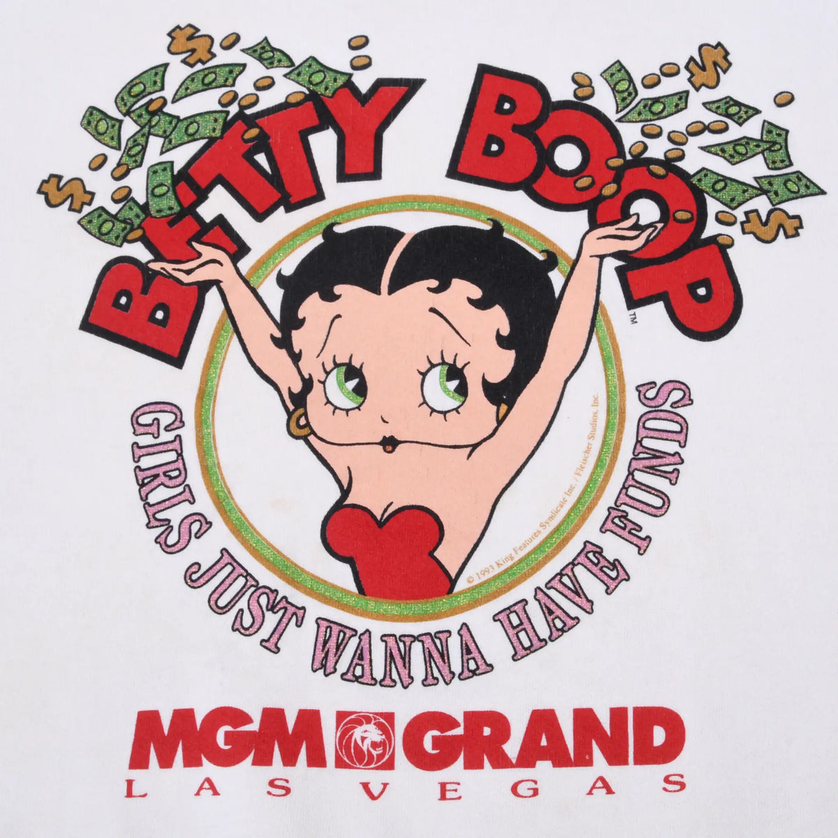 Close-up of Betty Boop money graphic with Girls Just Wanna Have Funds and MGM Grand Las Vegas text