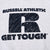 Close-up of distressed black Russell Athletic R logo and Get Tough chest print