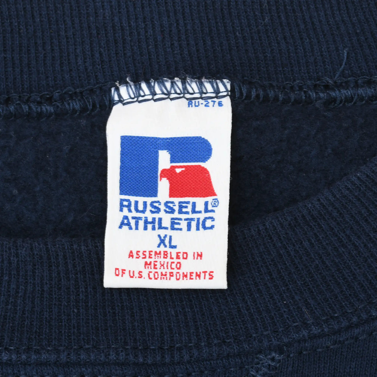 Russell Athletic XL neck label inside navy crewneck sweatshirt