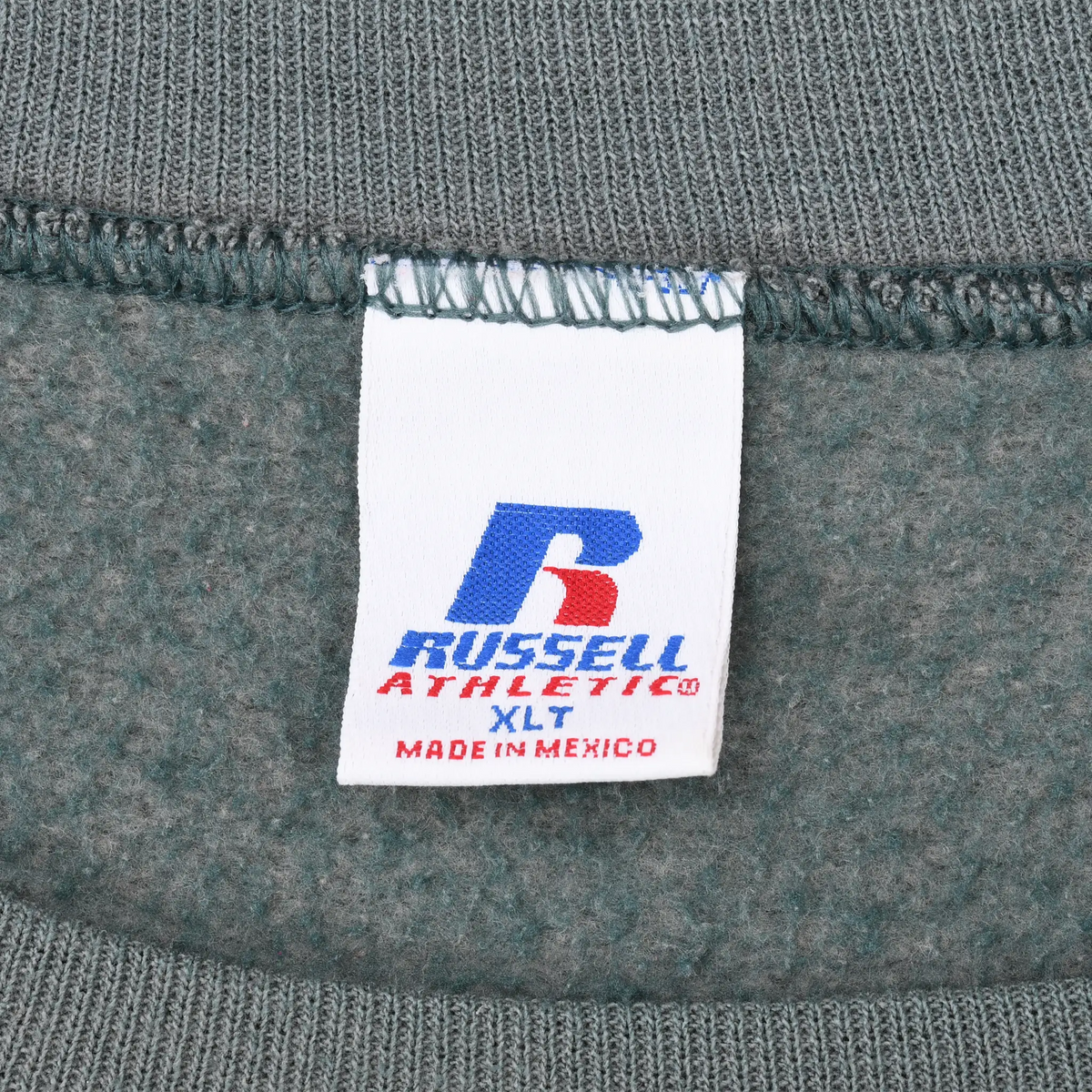 Russell Athletic XL Tall neck label inside green-gray sweatshirt