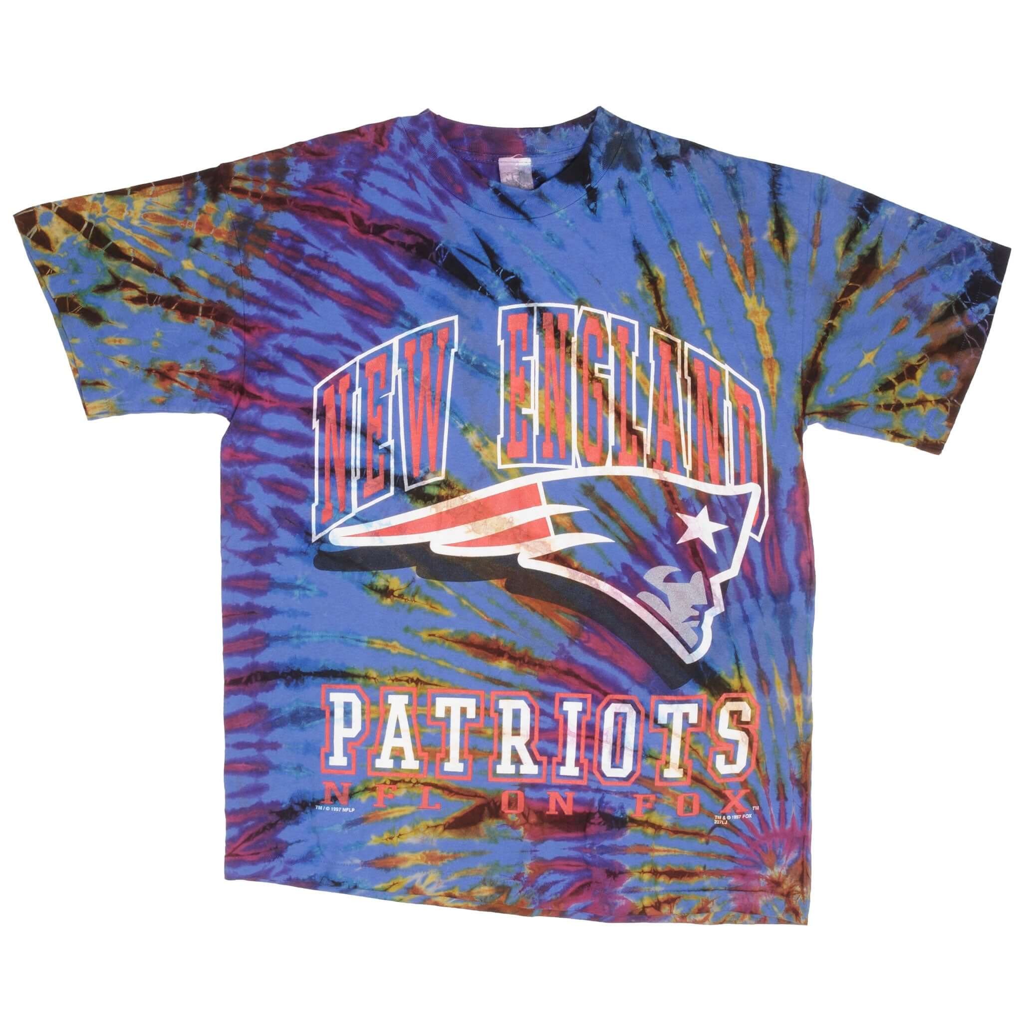 Vintage Tie Dye NFL New England Patriots NFL On Fox Tee Shirt 1997 Size Large Made In USA With Single Stitch Sleeves.