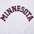 Close-up of arched maroon Minnesota embroidery on gray sweatshirt