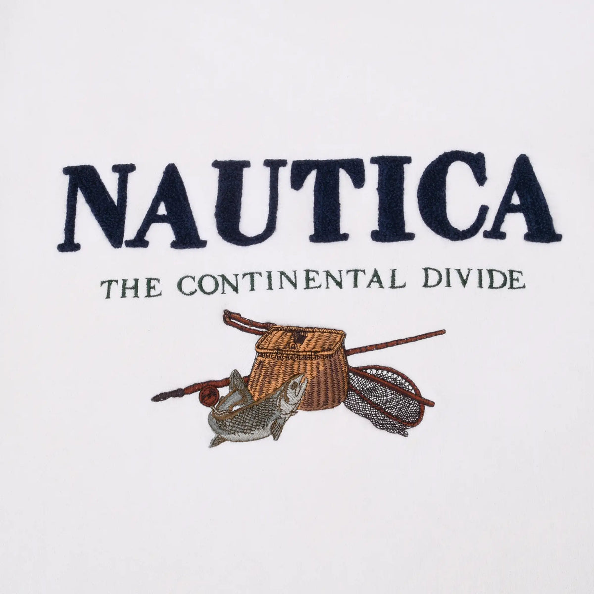 Close-up of Nautica The Continental Divide fishing graphic with creel, fish, rod and net