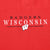 Close-up of embroidered Badgers Wisconsin lettering and W logo on red sweatshirt