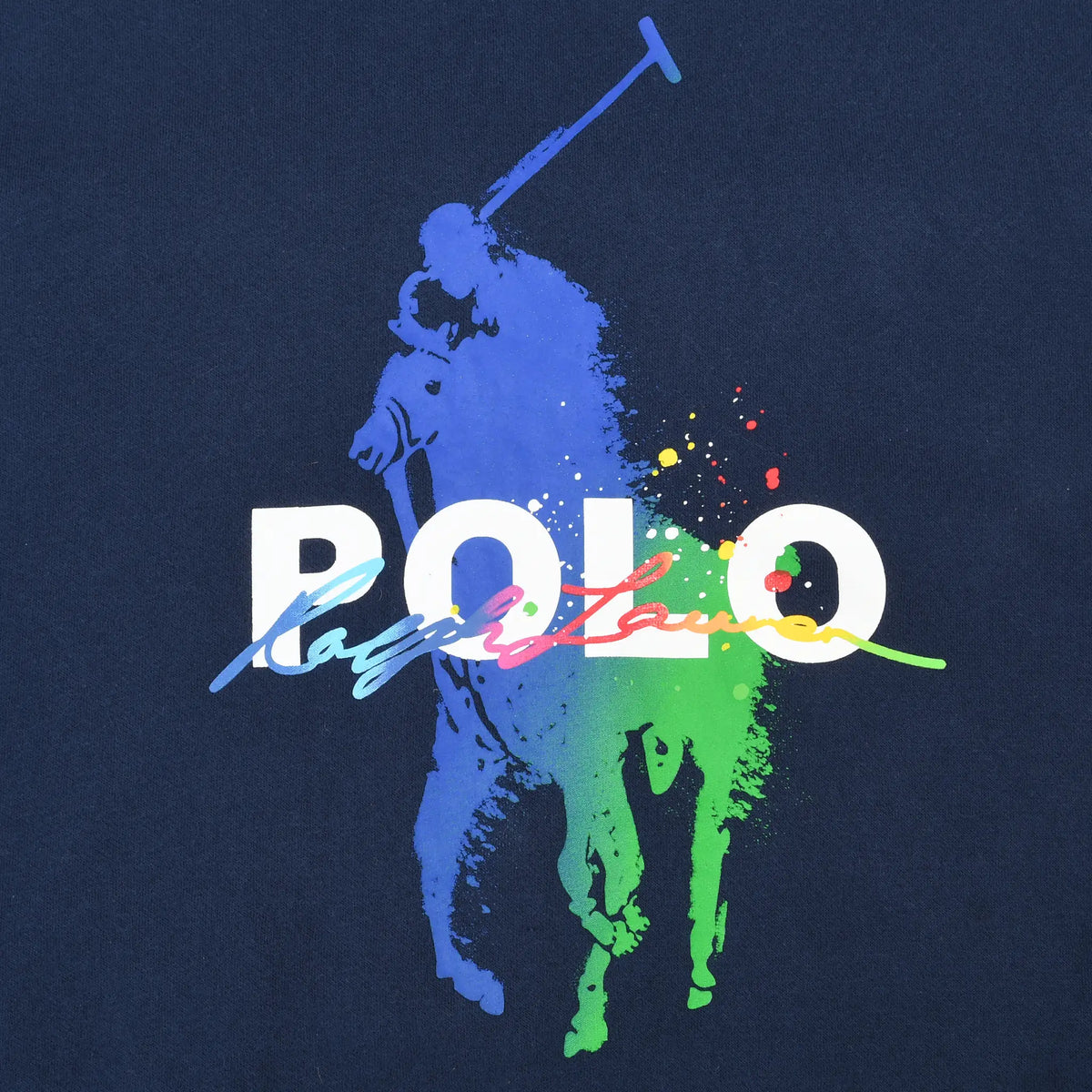 Close-up of multicolor paint-splash polo player and Polo logo print on navy hoodie