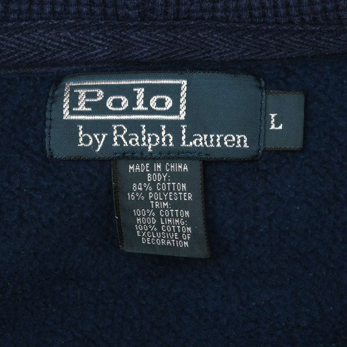 Polo by Ralph Lauren neck and care labels marked size L inside navy hoodie