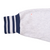 Grey sweatshirt sleeve detail with navy striped cuff and small red marks near seam