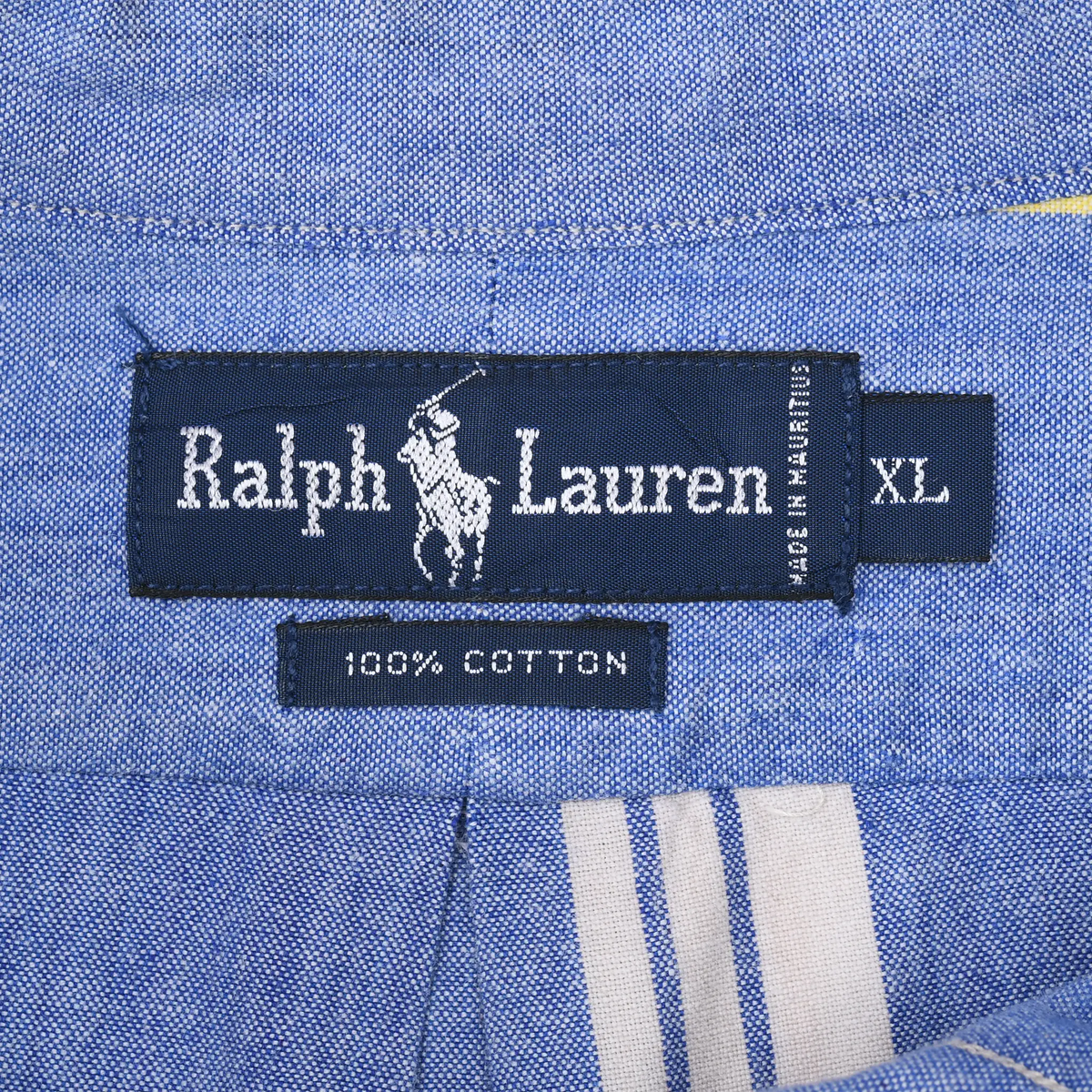 Ralph Lauren XL neck label and 100% cotton tag inside blue striped shirt