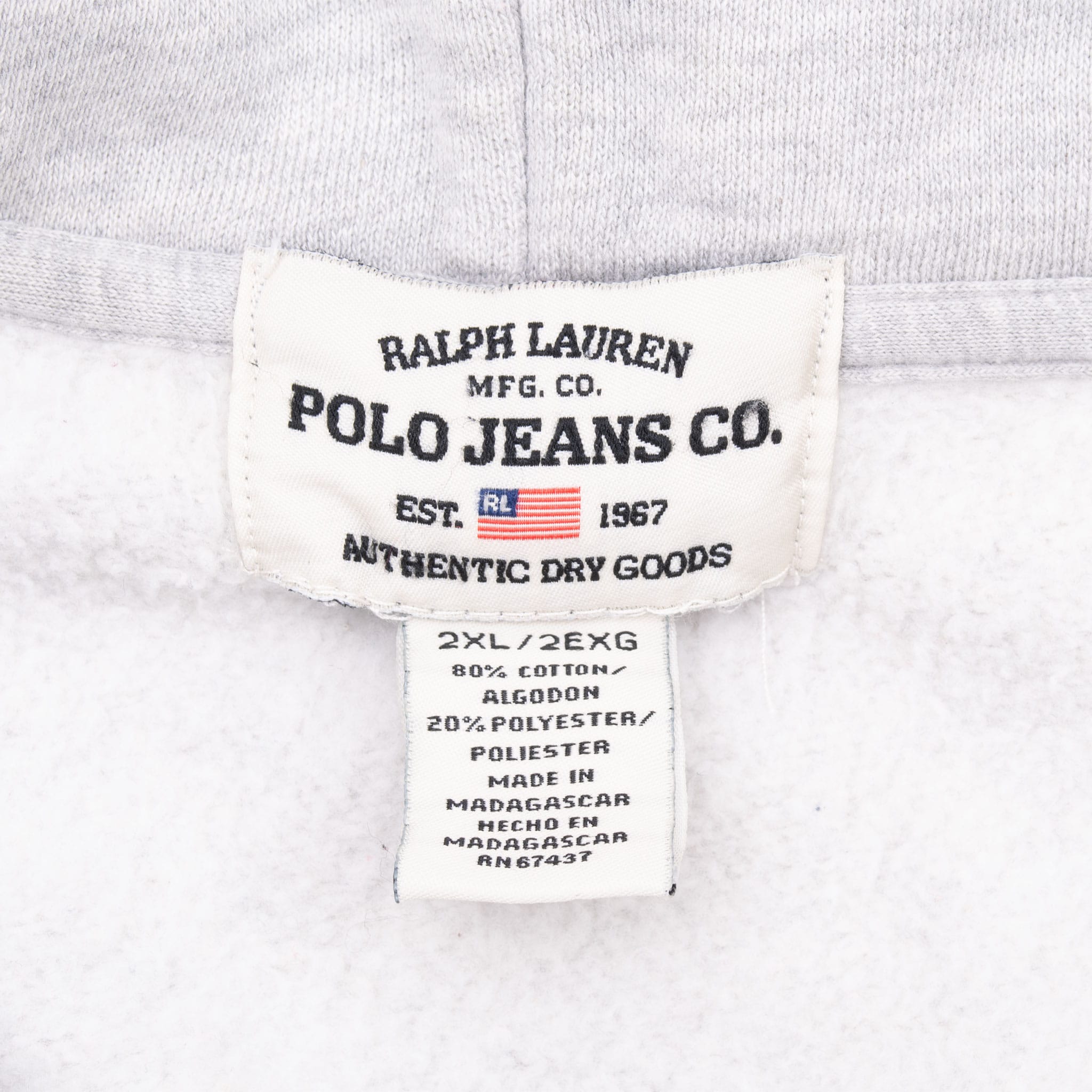 Vintage Ralph Lauren Polo Jeans Grey Full Zip Hoodie Sweatshirt 1990S Size 2XL