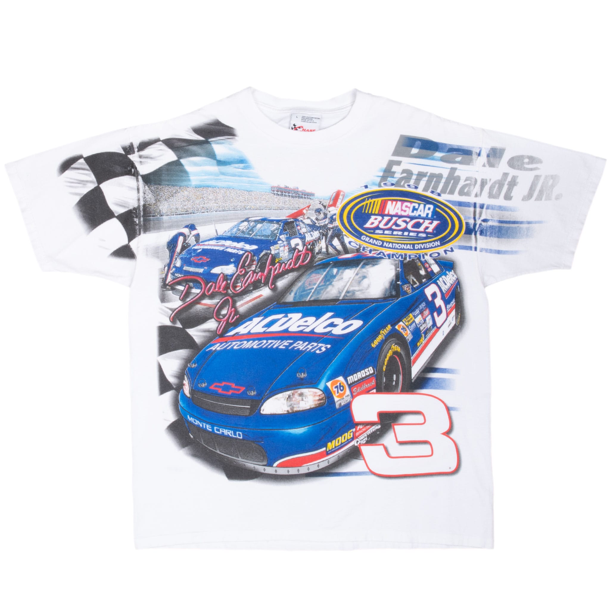 VINTAGE NASCAR DALE EARNHARDT JR 1998 CHAMPION AOP TEE SHIRT LARGE MADE IN USA
