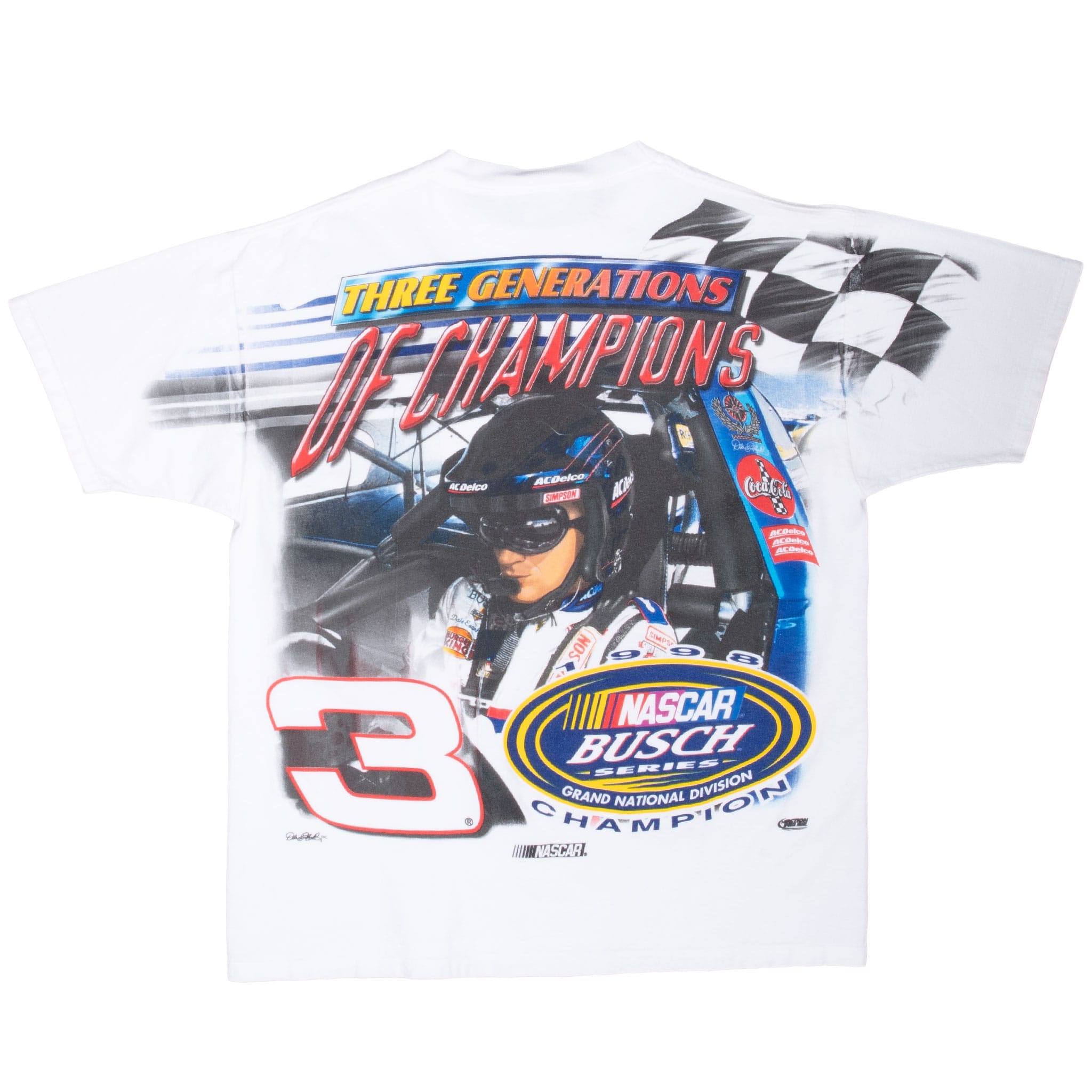 VINTAGE NASCAR DALE EARNHARDT JR 1998 CHAMPION AOP TEE SHIRT LARGE MADE IN USA