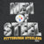 Close-up of metallic Men of Steel print with Pittsburgh Steelers logo