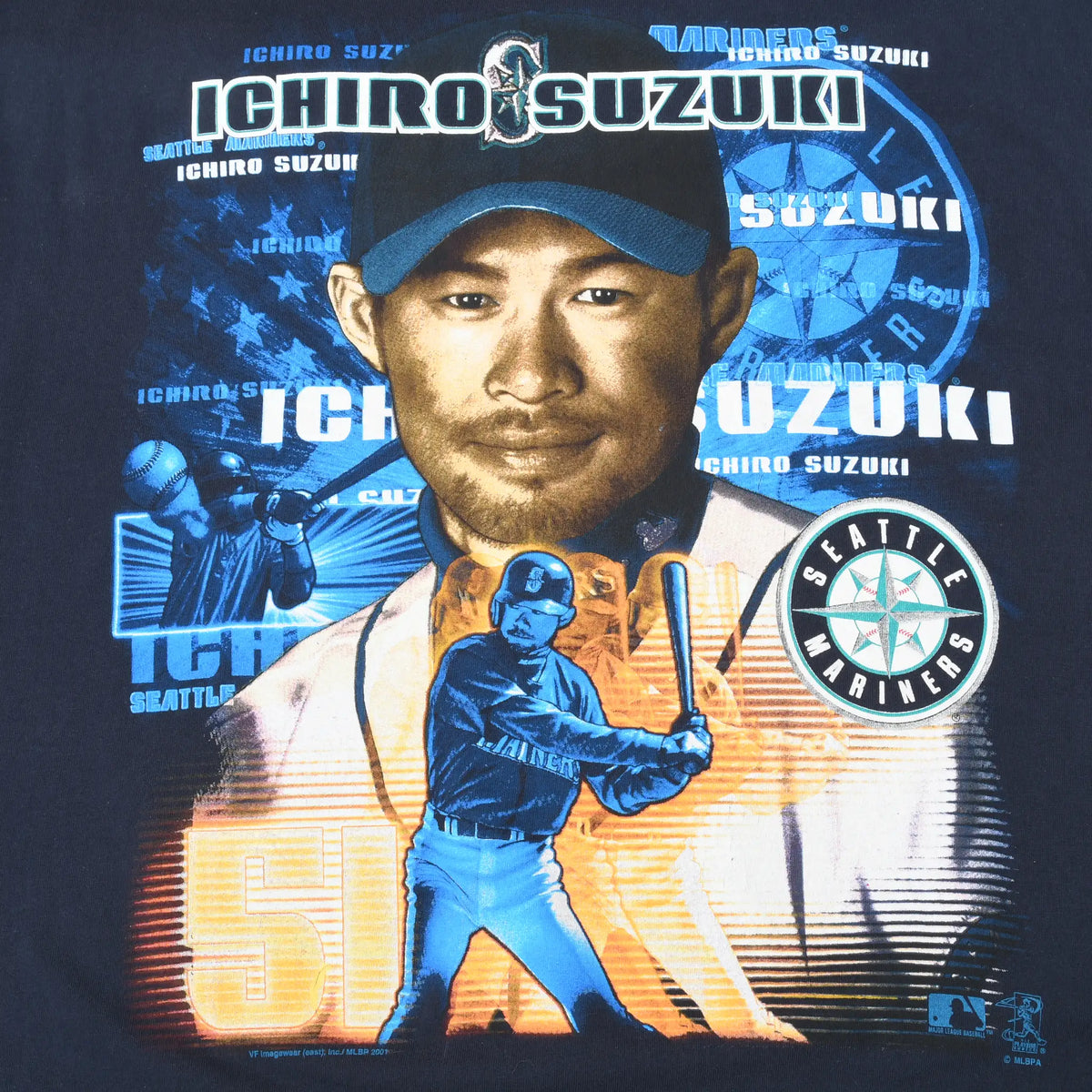 Close-up of Ichiro Suzuki graphic with Seattle Mariners logo and batting pose