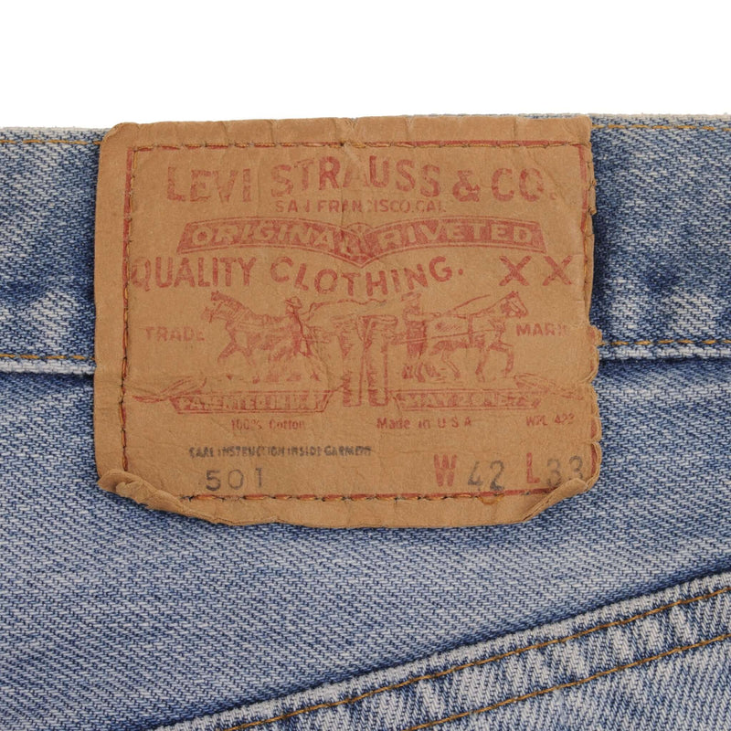 Beautiful Indigo Levis 501 Jeans with Selvedge Redline 1970S Made in USA. Amazing Wash with a light blue wash with some light whiskers.  Size Tags is 42X33 Actual Size is 40X30  Back Button #6