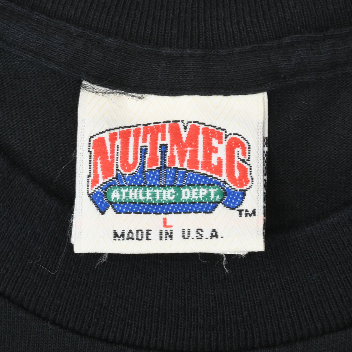 Nutmeg Mills Athletic Dept. size L neck label marked Made in U.S.A. on black fabric