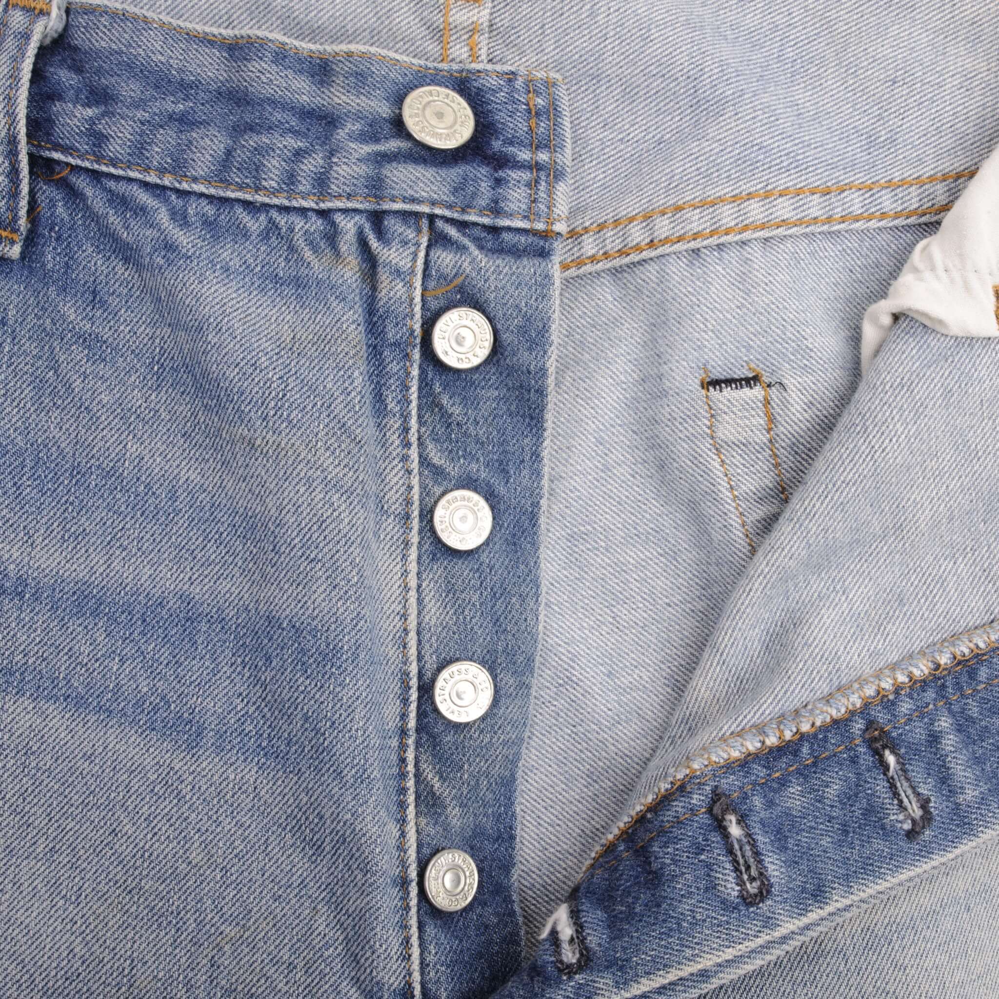 Beautiful Indigo Levis 501 Jeans with Selvedge Redline 1970S Made in USA. Amazing Wash with a light blue wash with some light whiskers.  Size Tags is 42X33 Actual Size is 40X30  Back Button #6