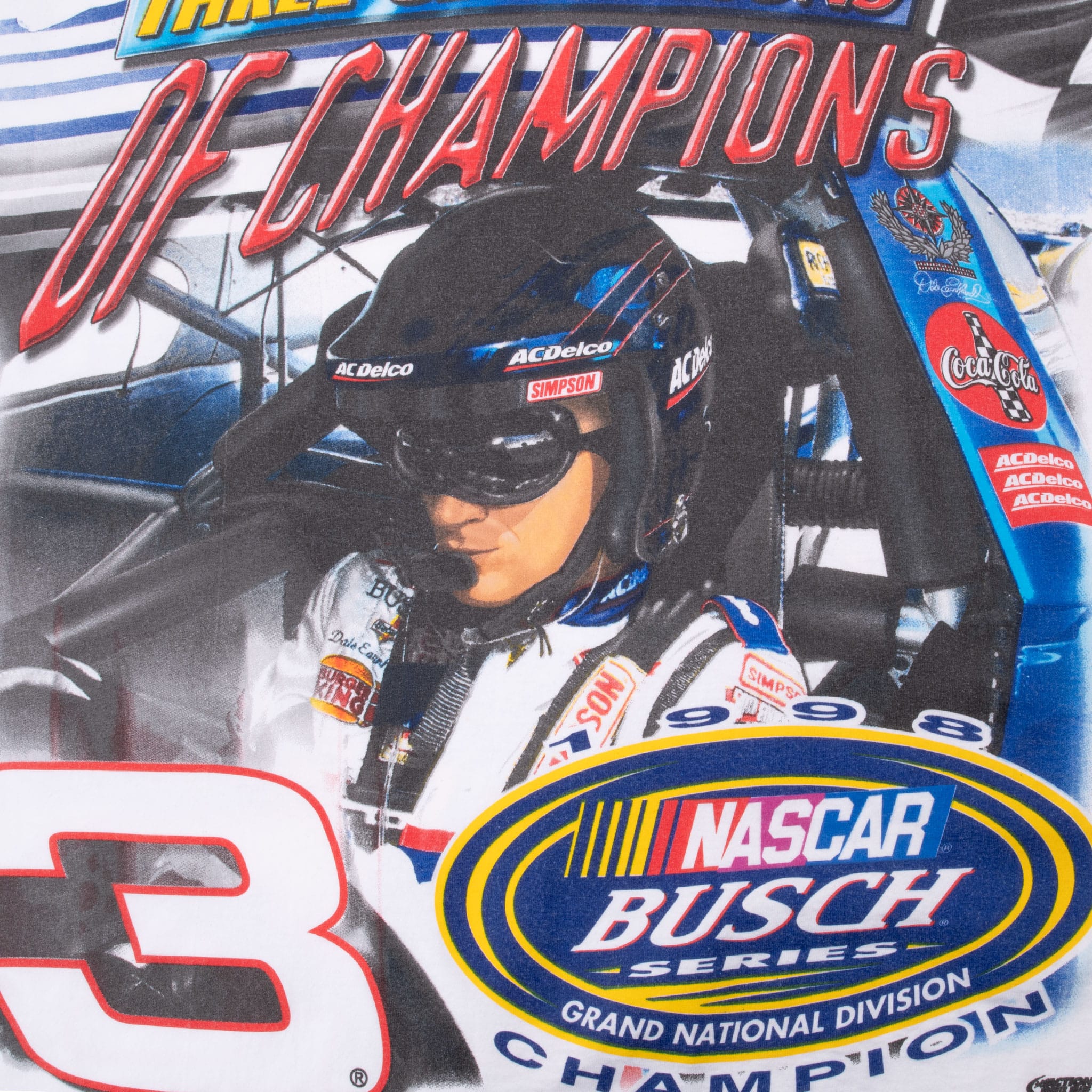 VINTAGE NASCAR DALE EARNHARDT JR 1998 CHAMPION AOP TEE SHIRT LARGE MADE IN USA