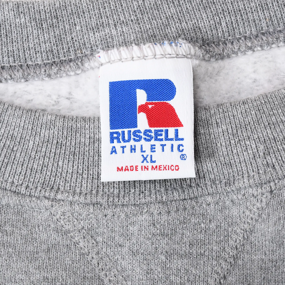 Russell Athletic XL Made in Mexico neck label on gray sweatshirt