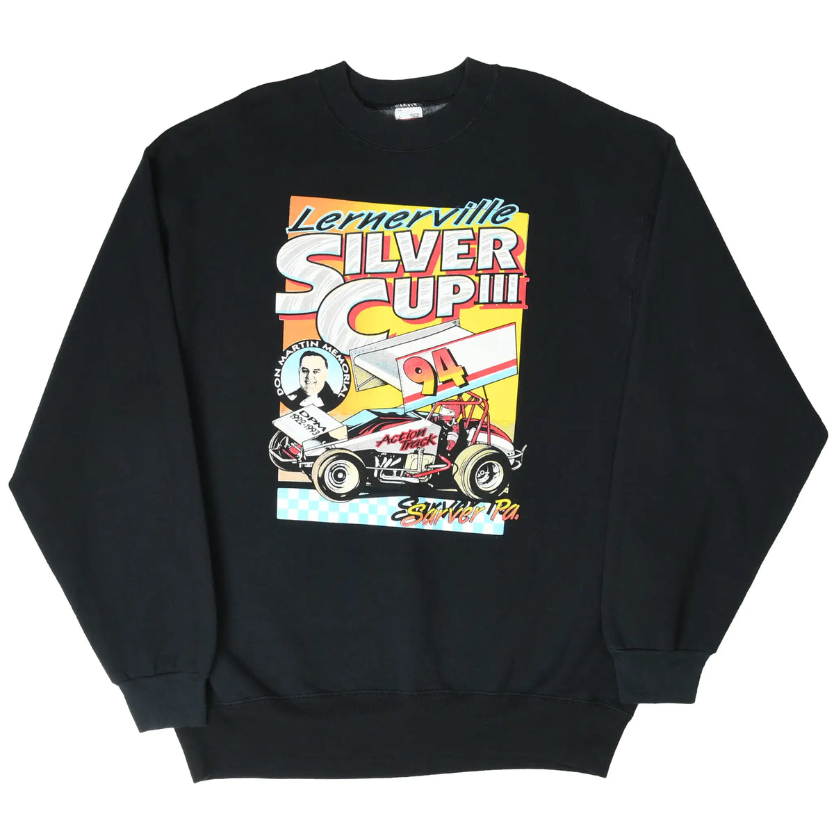 Black crewneck sweatshirt shown flat with Lernerville Silver Cup III '94 racing print