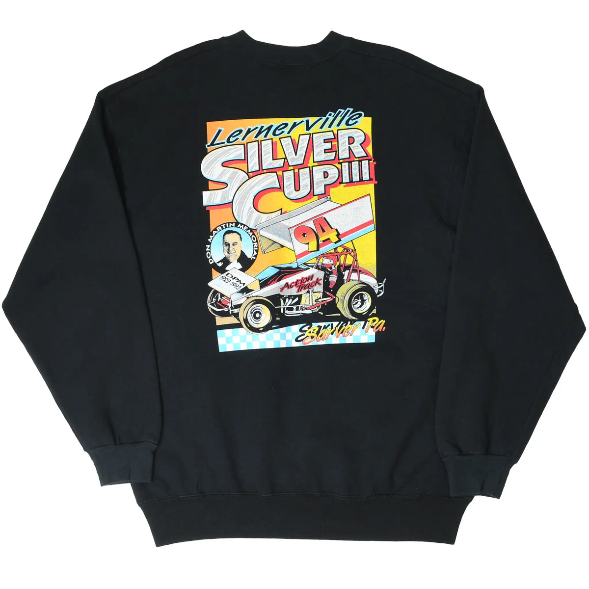 Back of black sweatshirt with Lernerville Silver Cup III '94 sprint car graphic