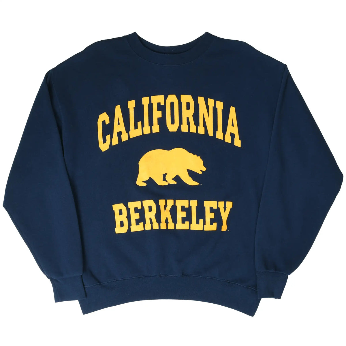 Full front view of navy UC Berkeley sweatshirt with gold bear and California Berkeley print