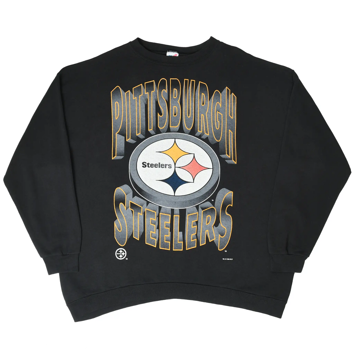 Full front view of black Pittsburgh Steelers sweatshirt with logo graphic and ribbed trim