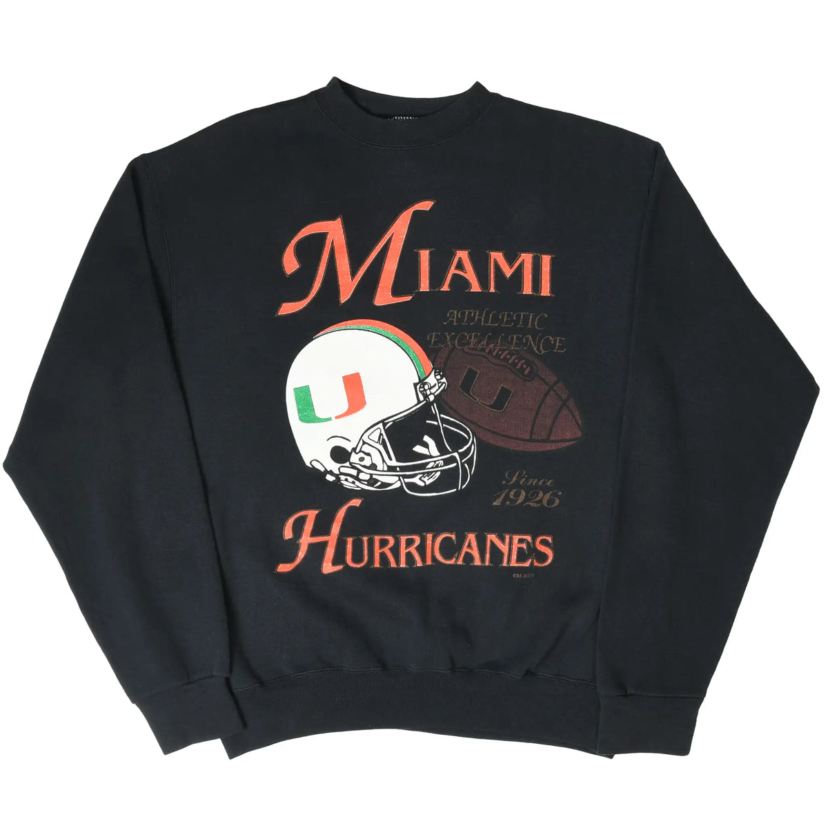 Black Miami Hurricanes crewneck sweatshirt front with orange, green and white graphic