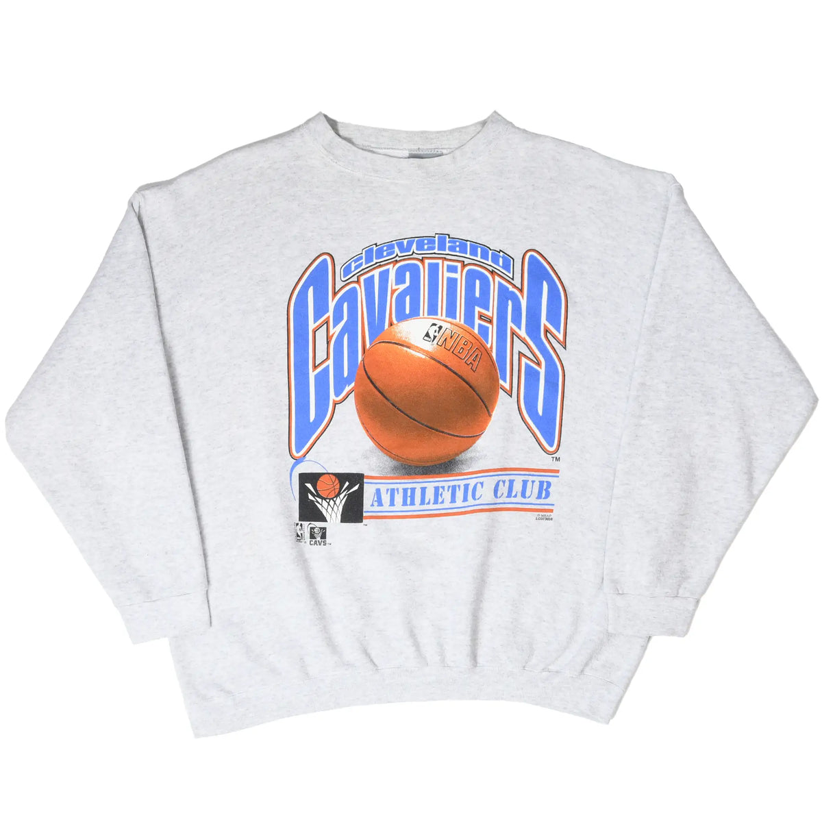 Front of gray Cleveland Cavaliers sweatshirt with blue and orange basketball graphic