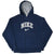 Front of navy blue Nike hoodie with gray hood lining, spellout, and Swoosh