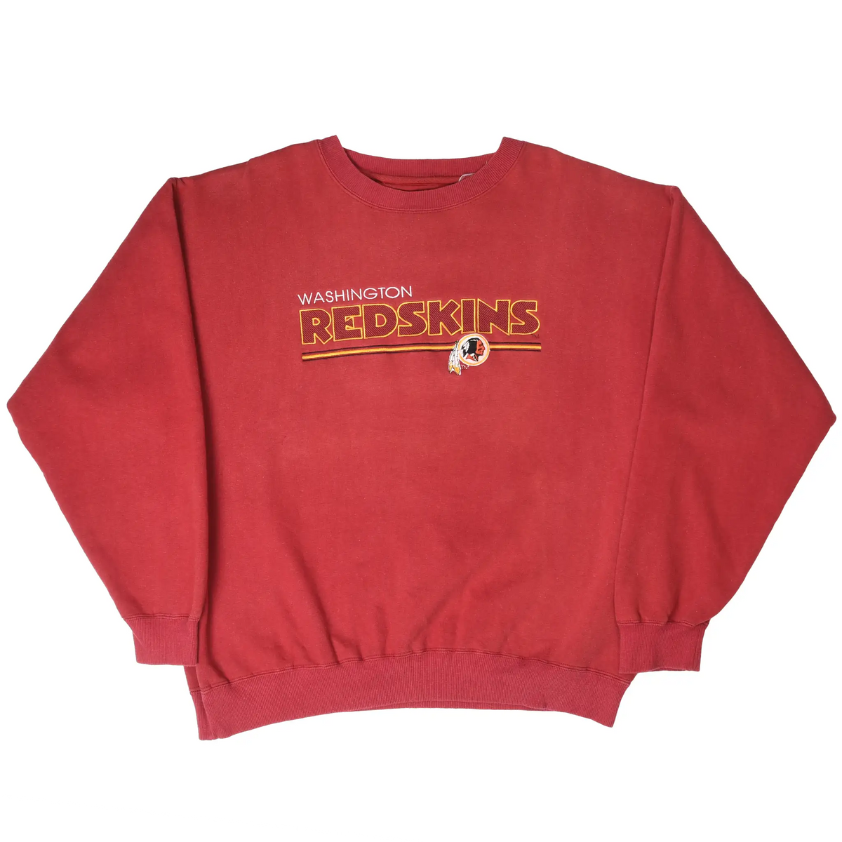 Full front view of burgundy Washington Redskins crewneck sweatshirt with embroidered chest logo