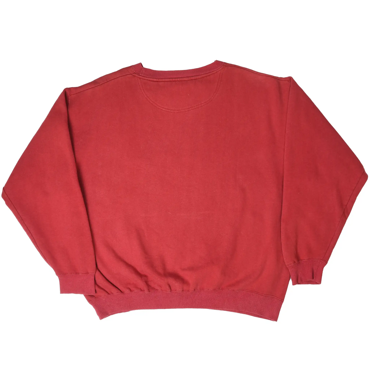 Back of plain burgundy crewneck sweatshirt with ribbed cuffs and hem