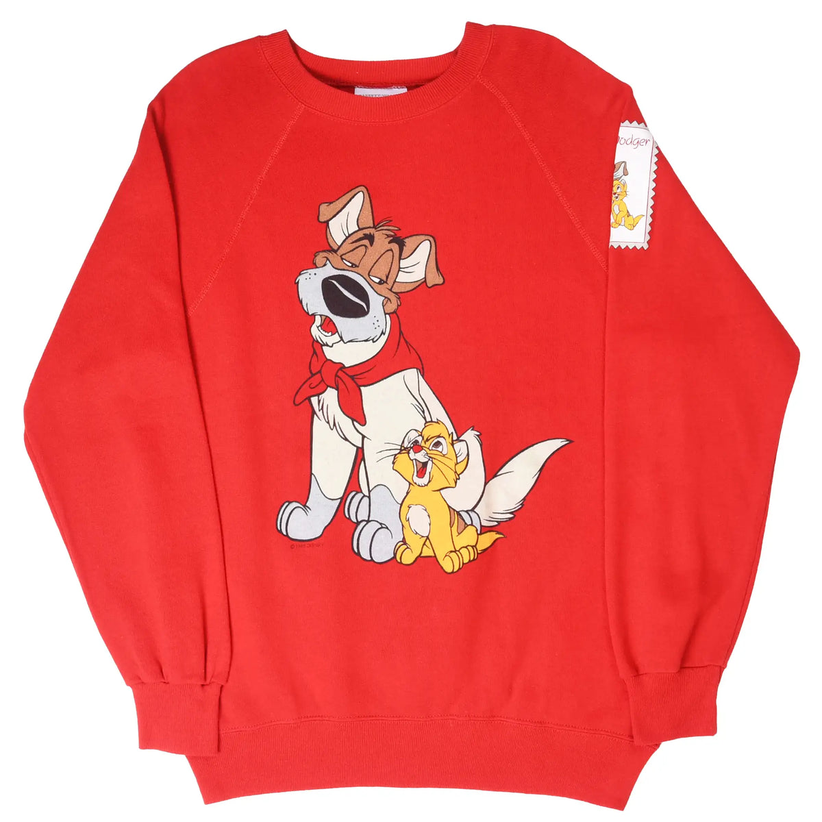 Front view of red sweatshirt featuring Oliver and Dodger graphic