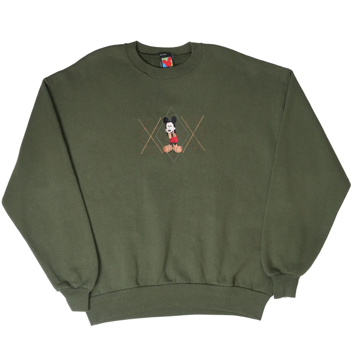 Full front view of olive green Mickey Mouse crewneck sweatshirt with embroidered chest design