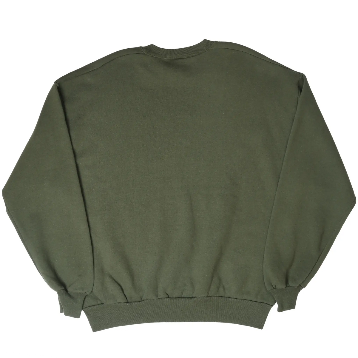 Back view of plain olive green crewneck sweatshirt