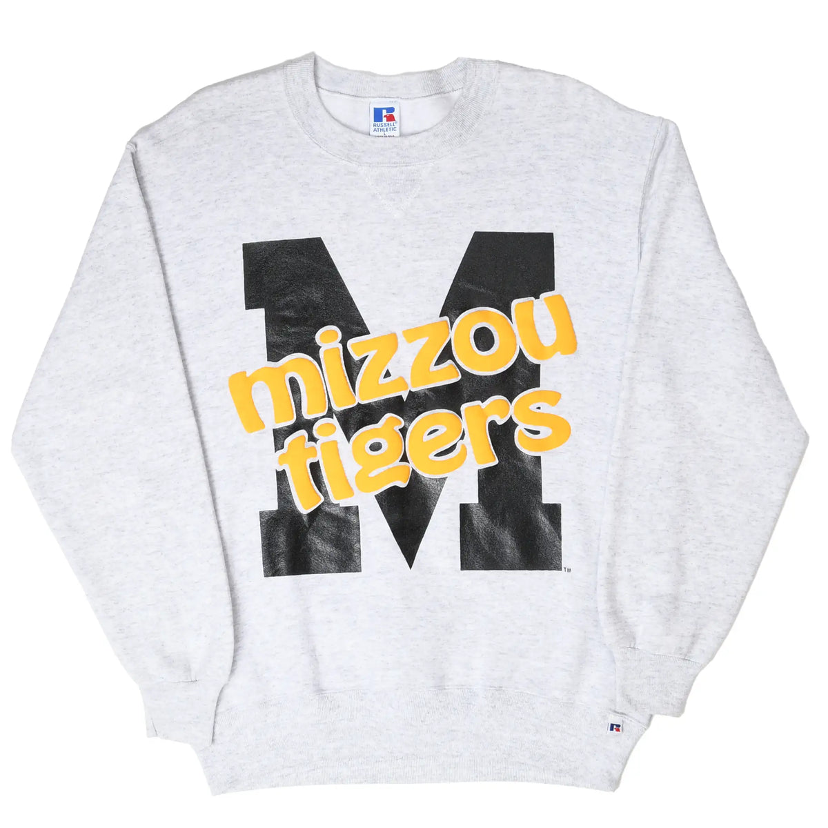 Full front view of gray Mizzou Tigers crewneck sweatshirt with black and yellow graphic