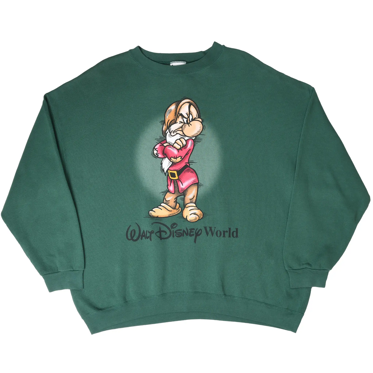 Full front view of green Disney sweatshirt featuring Grumpy and Walt Disney World text