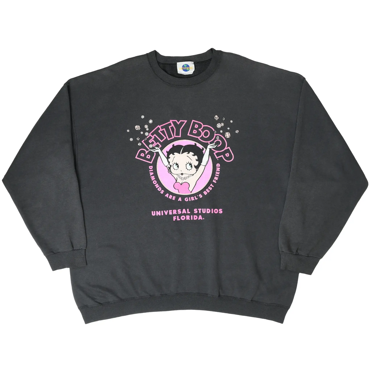 Full front of black Betty Boop crewneck sweatshirt with pink Universal Studios Florida graphic