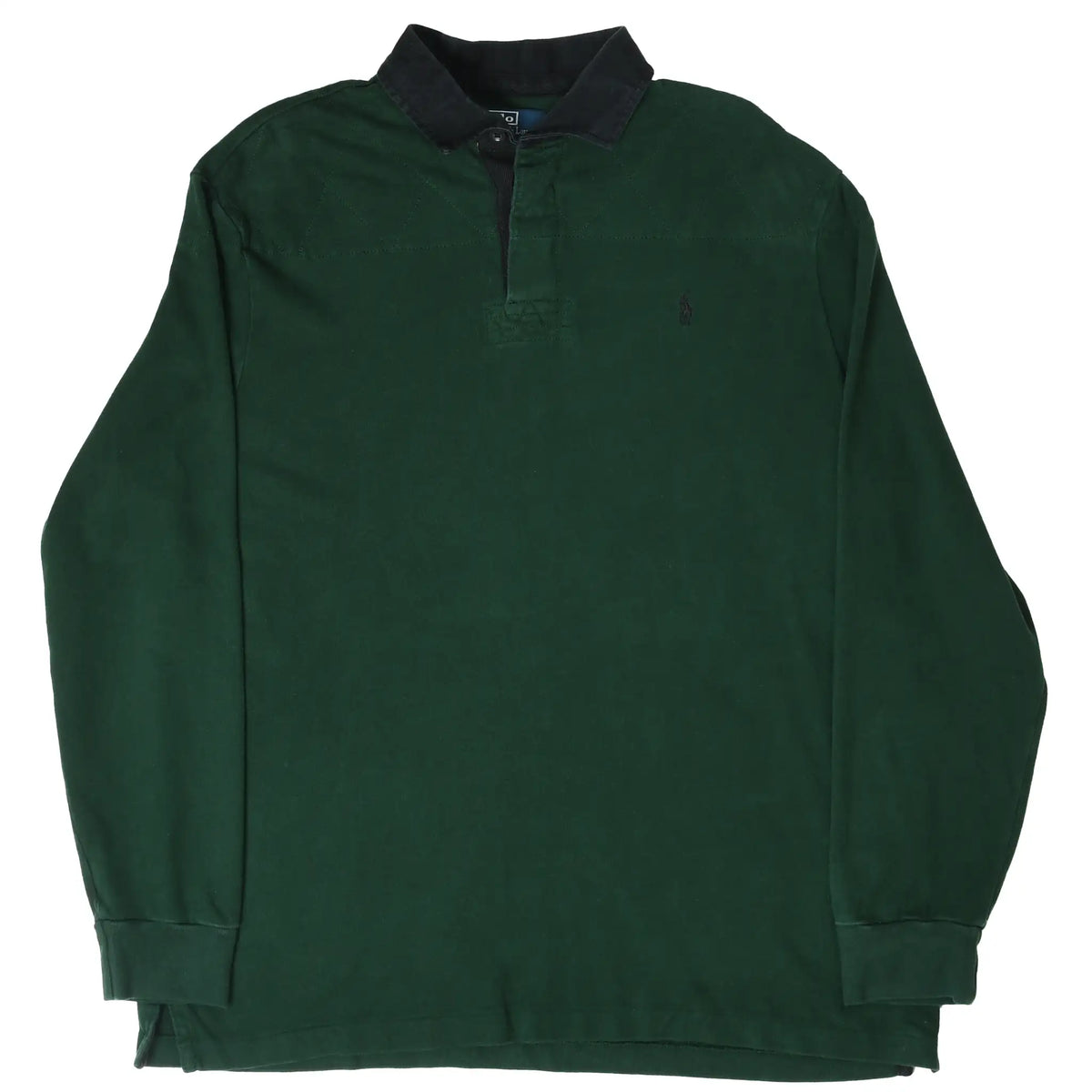 Front view of dark green Polo Ralph Lauren rugby shirt with black collar and long sleeves