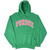Front view of green Purdue hoodie with red and white arched lettering, drawstring hood, and pouch pocket